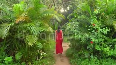 那个女人去了岛上的平房。 美丽的女人穿着红色衣服在热带花园散步。 在里面散步